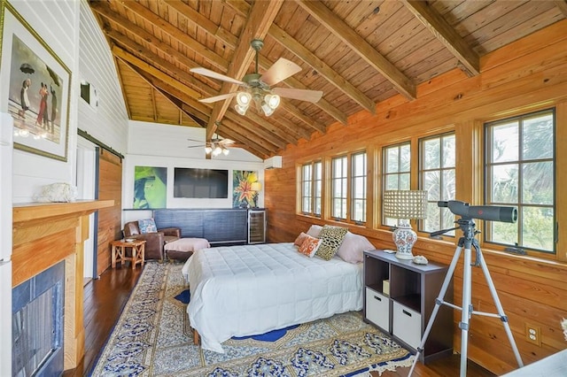 329 Carr Dr, Slidell, LA 70458 - bedroom with wooden walls, wood finished floors, wood ceiling, and a wall unit AC