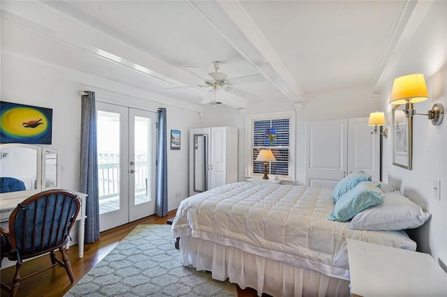 329 Carr Dr, Slidell, LA 70458 - bedroom with french doors, access to outside, beamed ceiling, wood finished floors, and a ceiling fan