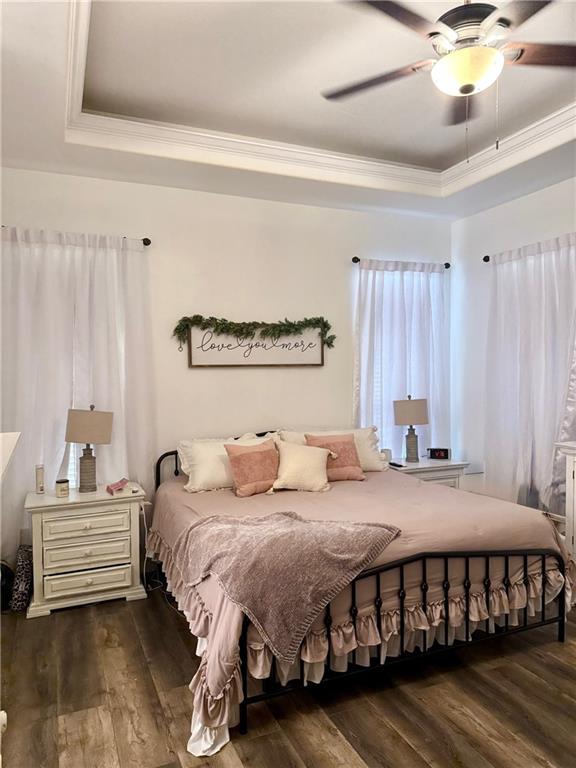 246 Betty Dr, Montz, LA 70068 - bedroom featuring a raised ceiling, crown molding, wood finished floors, and ceiling fan