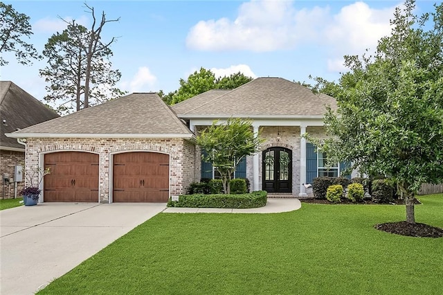668 Highlands Dr, Slidell, LA 70458 - french provincial home featuring french doors, an attached garage, brick siding, concrete driveway, and a front lawn