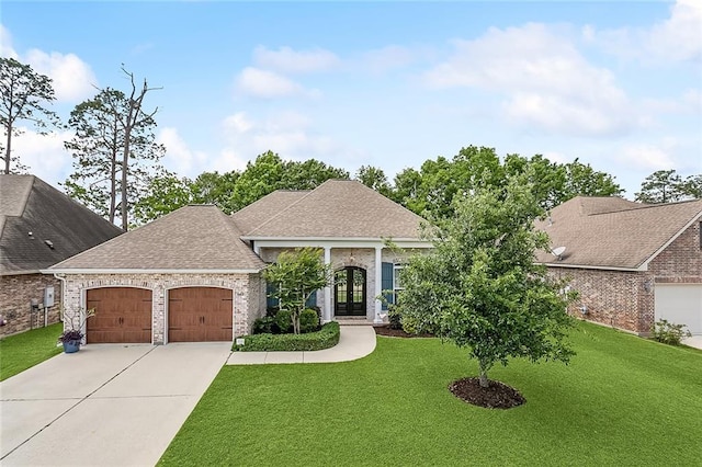 668 Highlands Dr, Slidell, LA 70458 - view of front facade with an attached garage, french doors, a front yard, driveway, and brick siding
