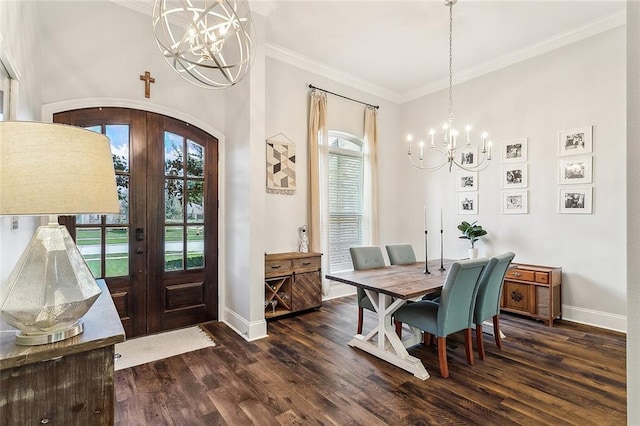 668 Highlands Dr, Slidell, LA 70458 - dining area with a chandelier, french doors, dark wood-style floors, baseboards, and ornamental molding