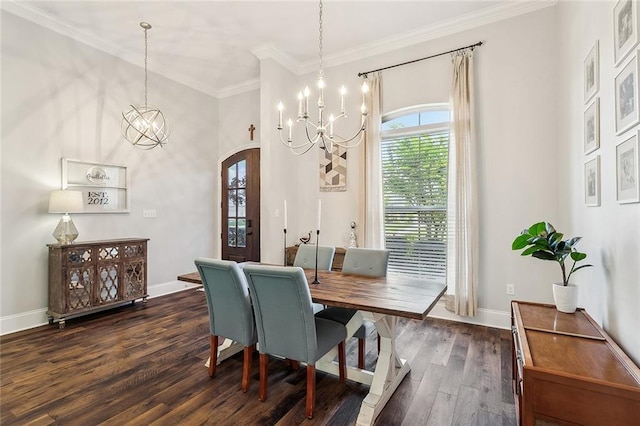 668 Highlands Dr, Slidell, LA 70458 - dining room featuring a chandelier, arched walkways, plenty of natural light, dark wood-style floors, and crown molding