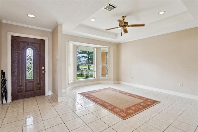 118 Weatherly Cv, Slidell, LA 70458 - foyer entrance featuring light tile patterned flooring, baseboards, a ceiling fan, recessed lighting, and crown molding