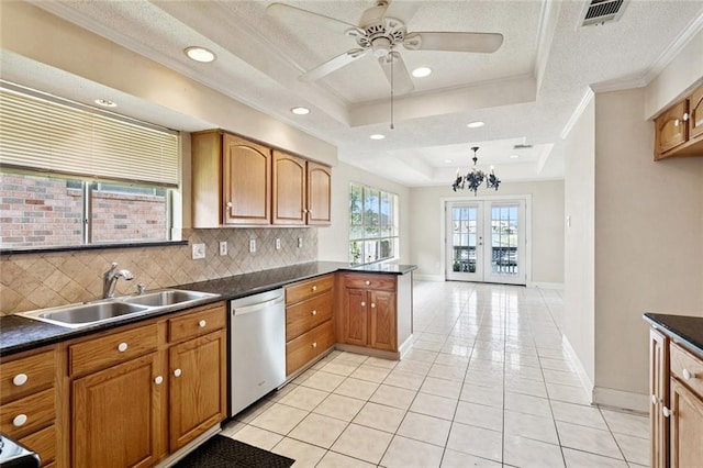 118 Weatherly Cv, Slidell, LA 70458 - kitchen with dishwasher, a sink, dark countertops, backsplash, and ornamental molding
