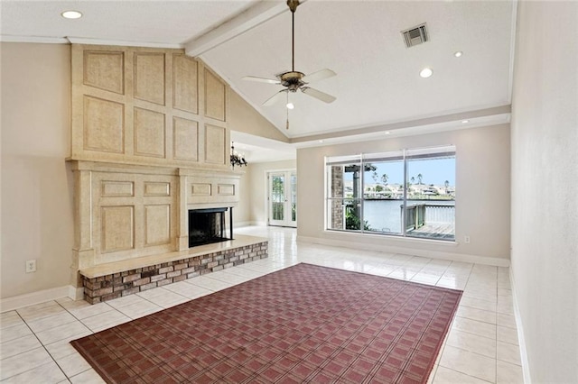 118 Weatherly Cv, Slidell, LA 70458 - unfurnished living room with light tile patterned floors, ceiling fan, a brick fireplace, a water view, and high vaulted ceiling
