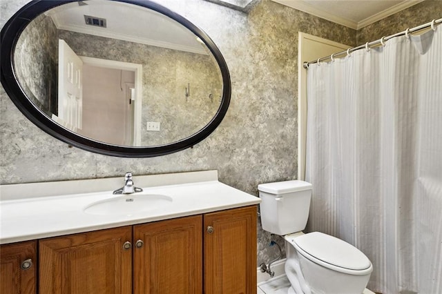118 Weatherly Cv, Slidell, LA 70458 - full bathroom with toilet, vanity, ornamental molding, and curtained shower
