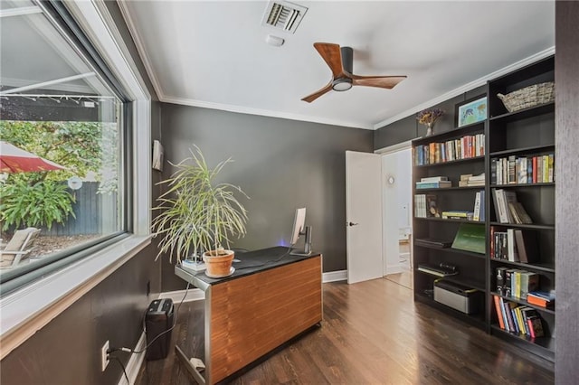 788 Amethyst St, New Orleans, LA 70124 - office space featuring ornamental molding, a ceiling fan, wood finished floors, and baseboards