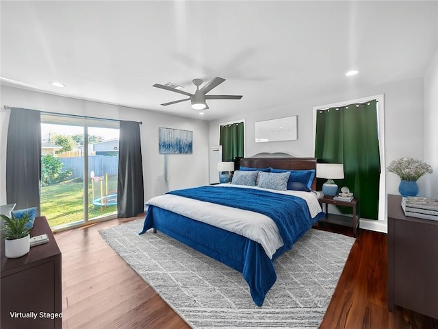 1013 S Starrett Rd, Metairie, LA 70003 - bedroom with access to exterior, recessed lighting, wood finished floors, and ceiling fan