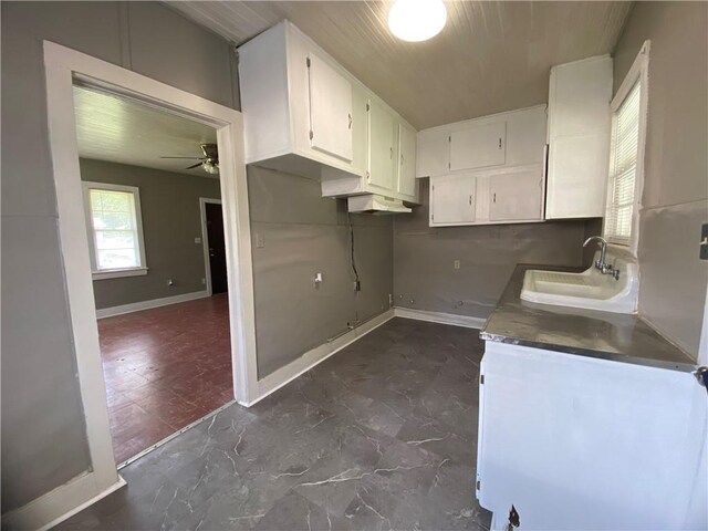 63070 Oak St, Roseland, LA 70456 - kitchen featuring a sink, a ceiling fan, white cabinets, baseboards, and under cabinet range hood