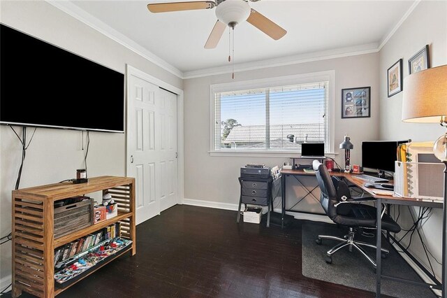 613 Andrews Ave, Metairie, LA 70005 - office space featuring wood finished floors, ornamental molding, a ceiling fan, and baseboards