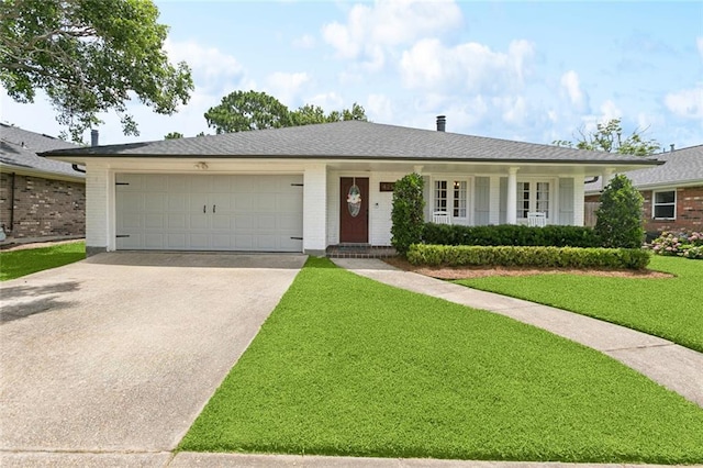 4212 Pommard Dr, Kenner, LA 70065 - ranch-style house featuring a garage, a front lawn, driveway, brick siding, and covered porch