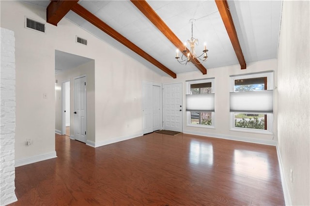 6416 Nora St, Metairie, LA 70003 - unfurnished living room featuring a chandelier, beam ceiling, wood finished floors, and high vaulted ceiling