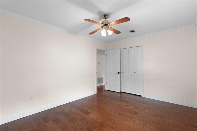 6416 Nora St, Metairie, LA 70003 - unfurnished bedroom featuring wood finished floors, crown molding, a closet, and ceiling fan