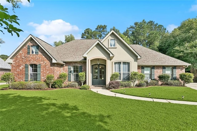1061 Tallow Tree Dr, Mandeville, LA 70448 - ranch-style house featuring a front yard, brick siding, a shingled roof, and stucco siding