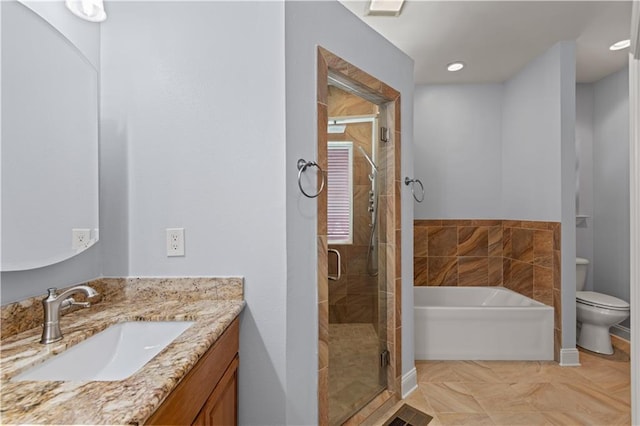 816 Celeste Ave, River Ridge, LA 70123 - bathroom featuring toilet, a bath, vanity, a stall shower, and recessed lighting