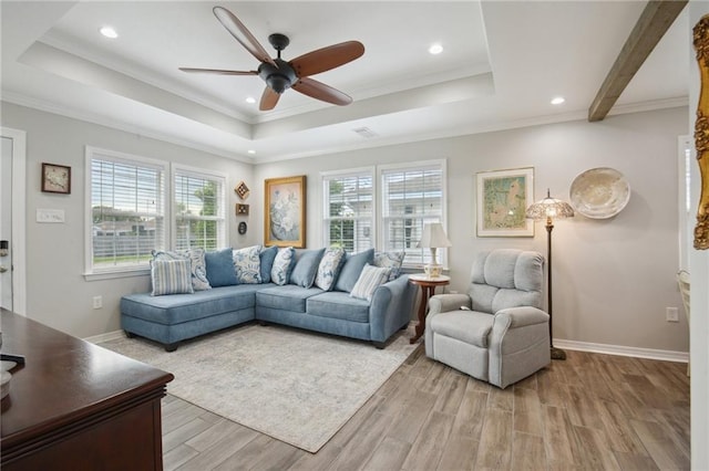 133 Creagan Ave, Gretna, LA 70053 - living area featuring a raised ceiling, a ceiling fan, plenty of natural light, light wood-style flooring, and recessed lighting