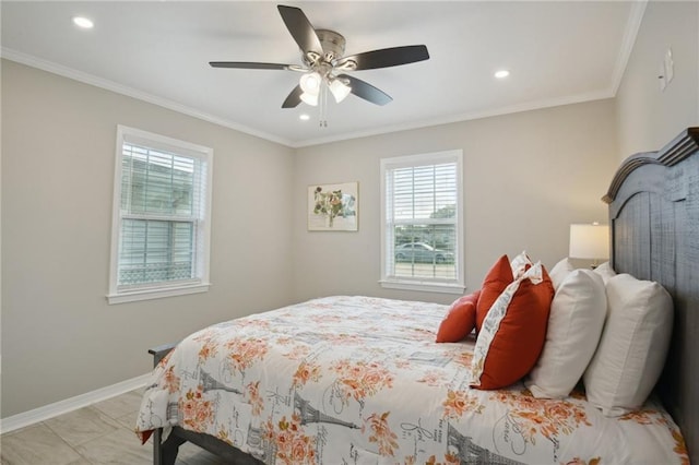 133 Creagan Ave, Gretna, LA 70053 - bedroom with crown molding, baseboards, a ceiling fan, and recessed lighting