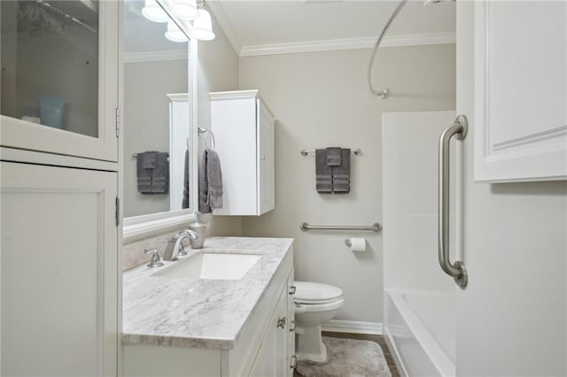 133 Creagan Ave, Gretna, LA 70053 - bathroom featuring ornamental molding, toilet, vanity, baseboards, and shower / bath combination