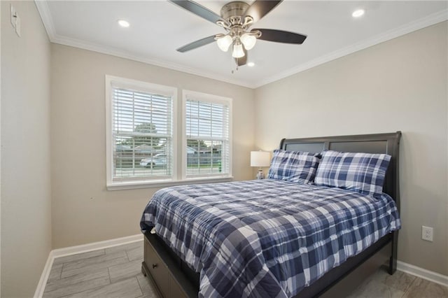 133 Creagan Ave, Gretna, LA 70053 - bedroom with baseboards, recessed lighting, ornamental molding, and a ceiling fan