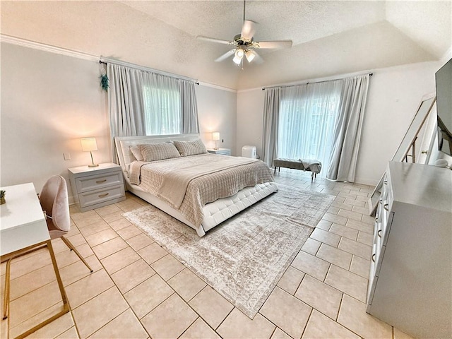 44 Stonebridge Ct, Mandeville, LA 70448 - bedroom with multiple windows, a textured ceiling, light tile patterned flooring, a ceiling fan, and crown molding