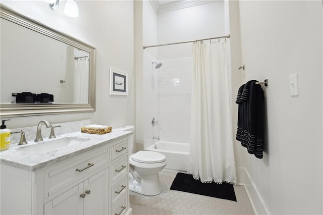 718 Monroe St, Gretna, LA 70053 - bathroom with toilet, vanity, crown molding, shower / bathtub combination with curtain, and tile patterned floors