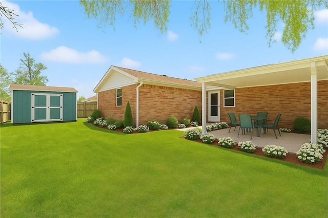 6909 Asher St, Metairie, LA 70003 - rear view of house featuring a shed, a patio area, and brick siding
