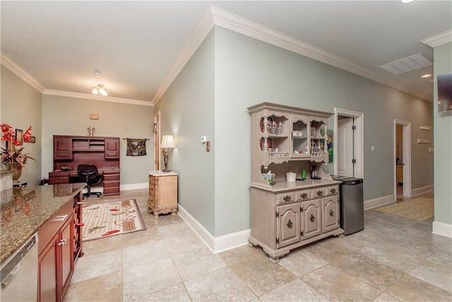 23783 Monarch Pt, Springfield, LA 70462 - hall featuring crown molding, baseboards, and an office area