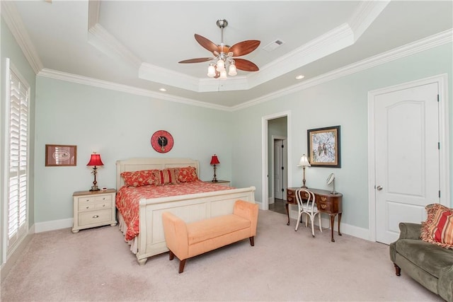 23783 Monarch Pt, Springfield, LA 70462 - bedroom with light carpet, ornamental molding, a raised ceiling, baseboards, and a ceiling fan