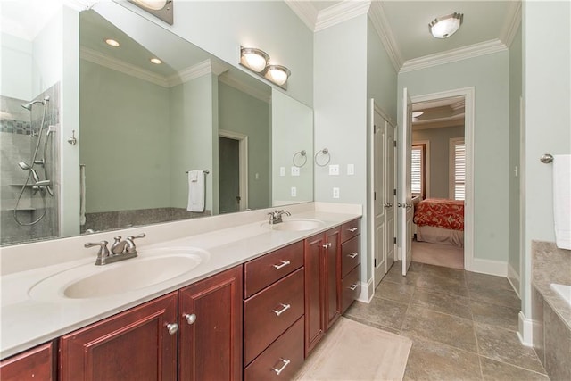 23783 Monarch Pt, Springfield, LA 70462 - bathroom with double vanity, crown molding, ensuite bathroom, baseboards, and tiled shower