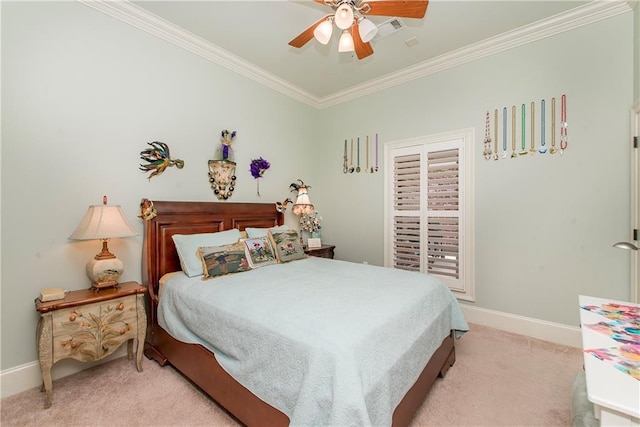 23783 Monarch Pt, Springfield, LA 70462 - bedroom with light colored carpet, crown molding, baseboards, and a ceiling fan