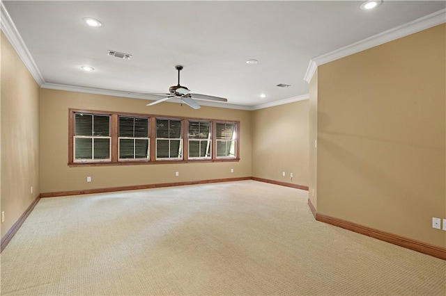 580 Northwoods Dr, Abita Springs, LA 70420 - unfurnished room with ceiling fan, crown molding, recessed lighting, light colored carpet, and baseboards
