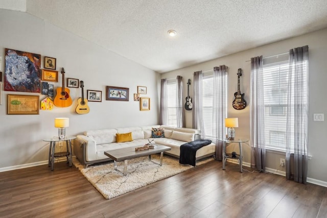 350 Emerald Forest Blvd Unit 11202, Covington, LA 70433 - living area featuring a textured ceiling, wood finished floors, vaulted ceiling, and baseboards