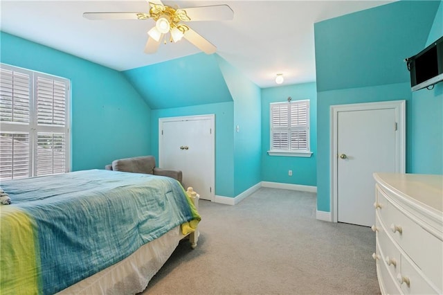 6661 Colbert St, New Orleans, LA 70124 - bedroom with light colored carpet, lofted ceiling, and a ceiling fan