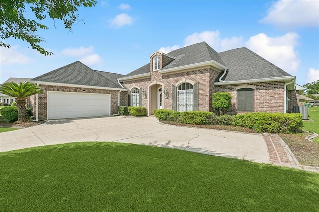 108 Parkview Dr, La Place, LA 70068 - french provincial home with brick siding, a front lawn, an attached garage, a shingled roof, and driveway
