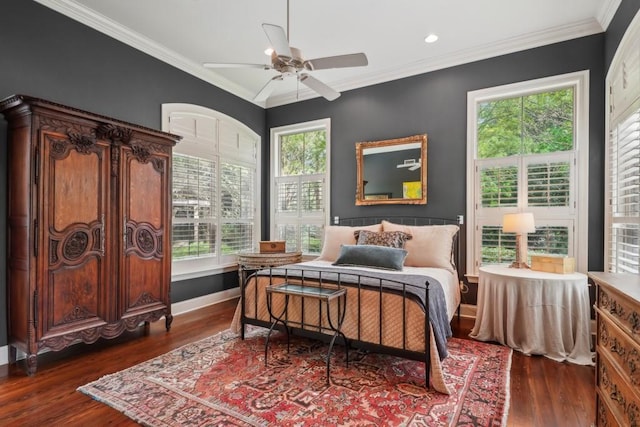20 Beechwood Gardens Ln, Covington, LA 70435 - bedroom featuring wood finished floors, ornamental molding, baseboards, recessed lighting, and ceiling fan