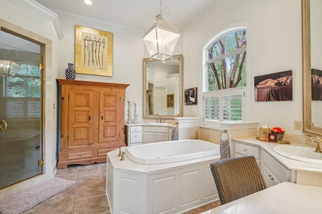 20 Beechwood Gardens Ln, Covington, LA 70435 - bathroom featuring a stall shower, plenty of natural light, ornamental molding, a tub with jets, and vanity
