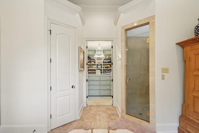 20 Beechwood Gardens Ln, Covington, LA 70435 - full bathroom featuring a shower stall, ornamental molding, a spacious closet, baseboards, and tile patterned flooring