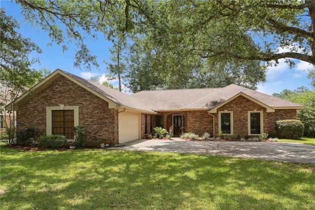 111 Thatcher Dr, Slidell, LA 70461 - ranch-style home with a garage, concrete driveway, brick siding, a front lawn, and a shingled roof