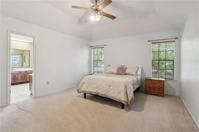 111 Thatcher Dr, Slidell, LA 70461 - bedroom featuring light carpet, baseboards, and vaulted ceiling