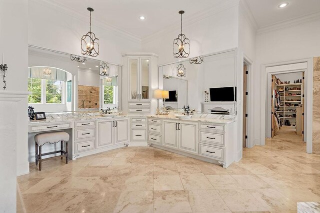26 Hummingbird Rd, Covington, LA 70433 - full bath featuring vanity, crown molding, a spacious closet, a chandelier, and recessed lighting