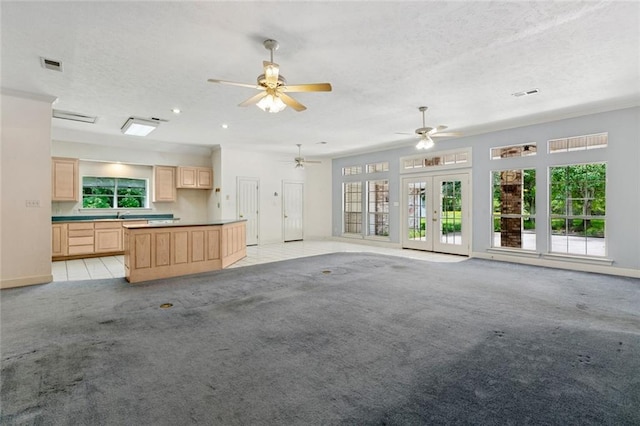 37112 Harper Ln, Pearl River, LA 70452 - unfurnished living room with healthy amount of natural light, a textured ceiling, light colored carpet, baseboards, and ceiling fan