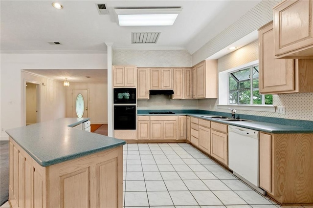 37112 Harper Ln, Pearl River, LA 70452 - kitchen with light brown cabinets, black appliances, a sink, decorative backsplash, and under cabinet range hood