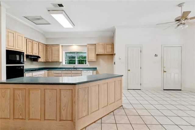 37112 Harper Ln, Pearl River, LA 70452 - kitchen with light brown cabinetry, black appliances, under cabinet range hood, dark countertops, and a sink