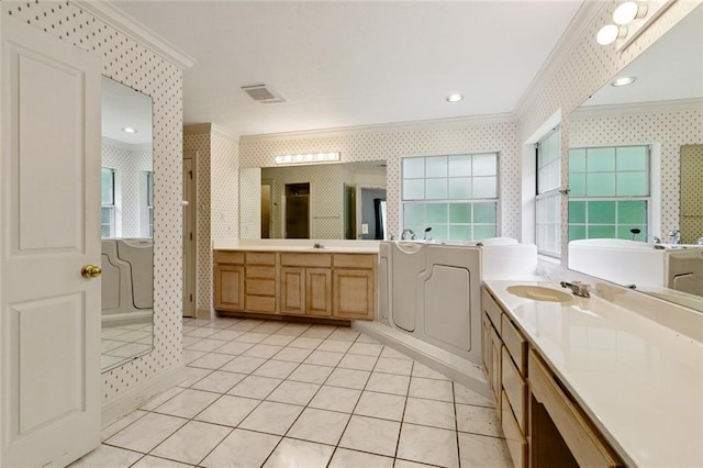 37112 Harper Ln, Pearl River, LA 70452 - bathroom featuring ornamental molding, wallpapered walls, walk in shower, a bath, and two vanities