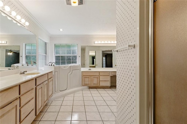 37112 Harper Ln, Pearl River, LA 70452 - full bath with crown molding, wallpapered walls, vanity, a garden tub, and tile patterned flooring