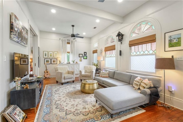 155 Alix St, New Orleans, LA 70114 - living area with ceiling fan, wood finished floors, healthy amount of natural light, recessed lighting, and beam ceiling