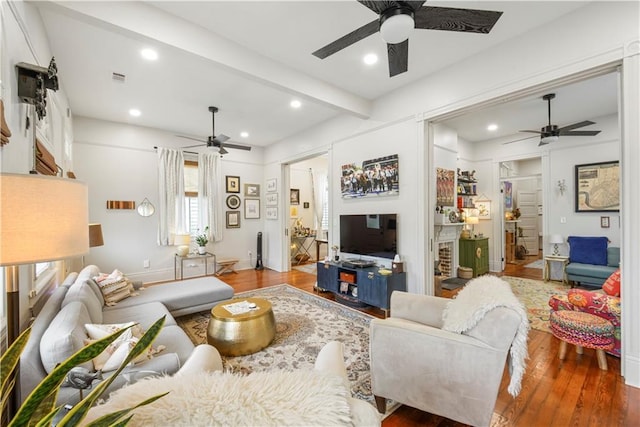 155 Alix St, New Orleans, LA 70114 - living area featuring ceiling fan, wood finished floors, beam ceiling, and recessed lighting