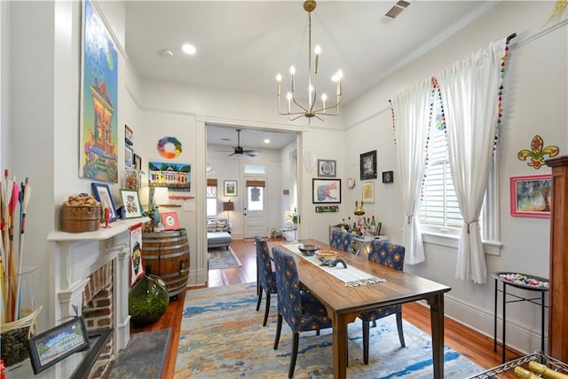 155 Alix St, New Orleans, LA 70114 - dining space featuring a chandelier, wood finished floors, a ceiling fan, baseboards, and recessed lighting