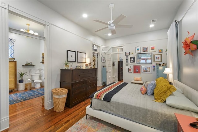 155 Alix St, New Orleans, LA 70114 - bedroom featuring wood finished floors, ensuite bath, recessed lighting, and a ceiling fan